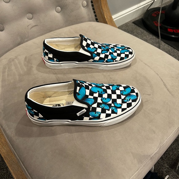 Vans Blue Butterflies Black and White Checkered Slip-On Sneakers - Picture 2 of 6